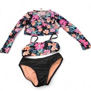 Art Class Girls 3 Piece Floral Rash Guard Bikini Swim Set Size 14